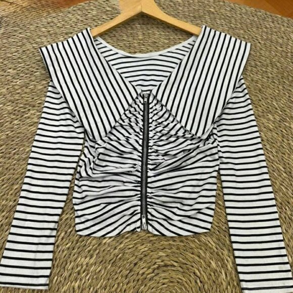 Tops - Black And White Striped Zip Up Ruched Top